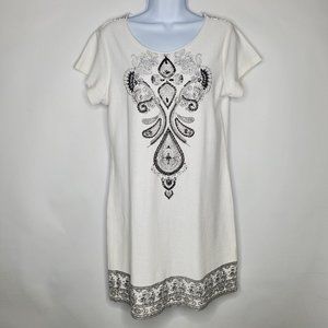 Venus Womens French Terry Cloth Beaded Dress Size S White Short Sleeve Paisley